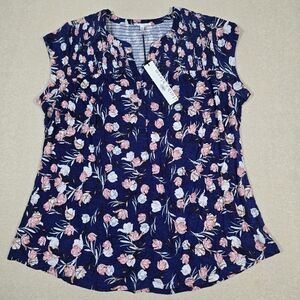 Cloth & Bloom Floral Blouse Womens 1X Navy Pink Short Sleeve NWT